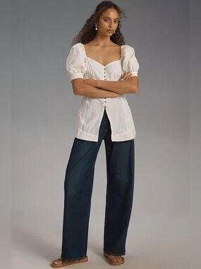 MAEVE Puff-Sleeve Sweetheart Top